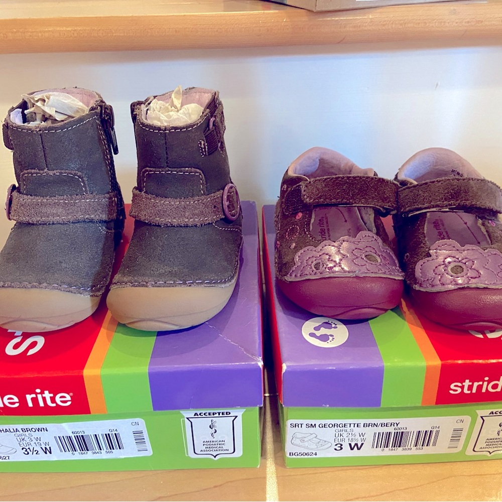 Stride Rite Brown boots (size 3.5W) and Maryjanes brown/purple (size 3W)